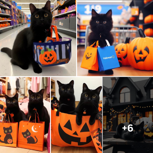 Black cats go Halloween shopping and then decorate