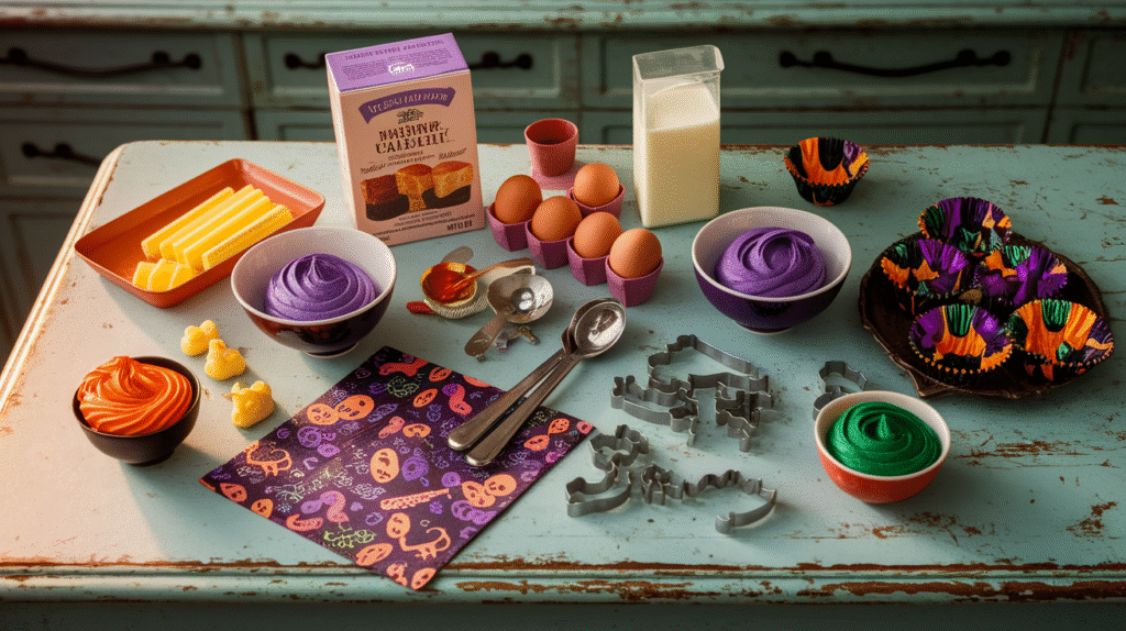 baking ingredients for a Halloween cake
