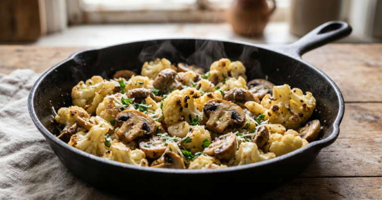 Delicious Garlic Cauliflower and Mushroom Skillet