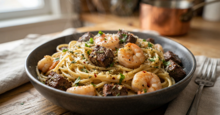 Surf & Turf Garlic Butter Steak & Shrimp Pasta Perfection