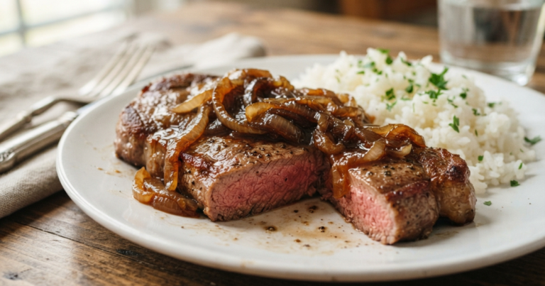 The Ultimate Steakhouse-Style Onion Gravy Steak & Rice
