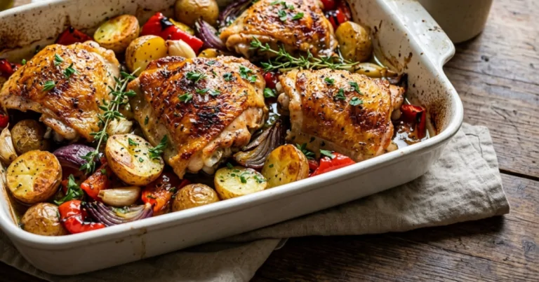 Crispy One Pan Herb Roasted Chicken Thighs with Veggies