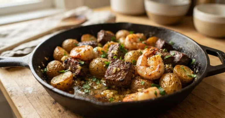 Irresistible Garlic Butter Shrimp & Steak Bites with Veggie Potatoes